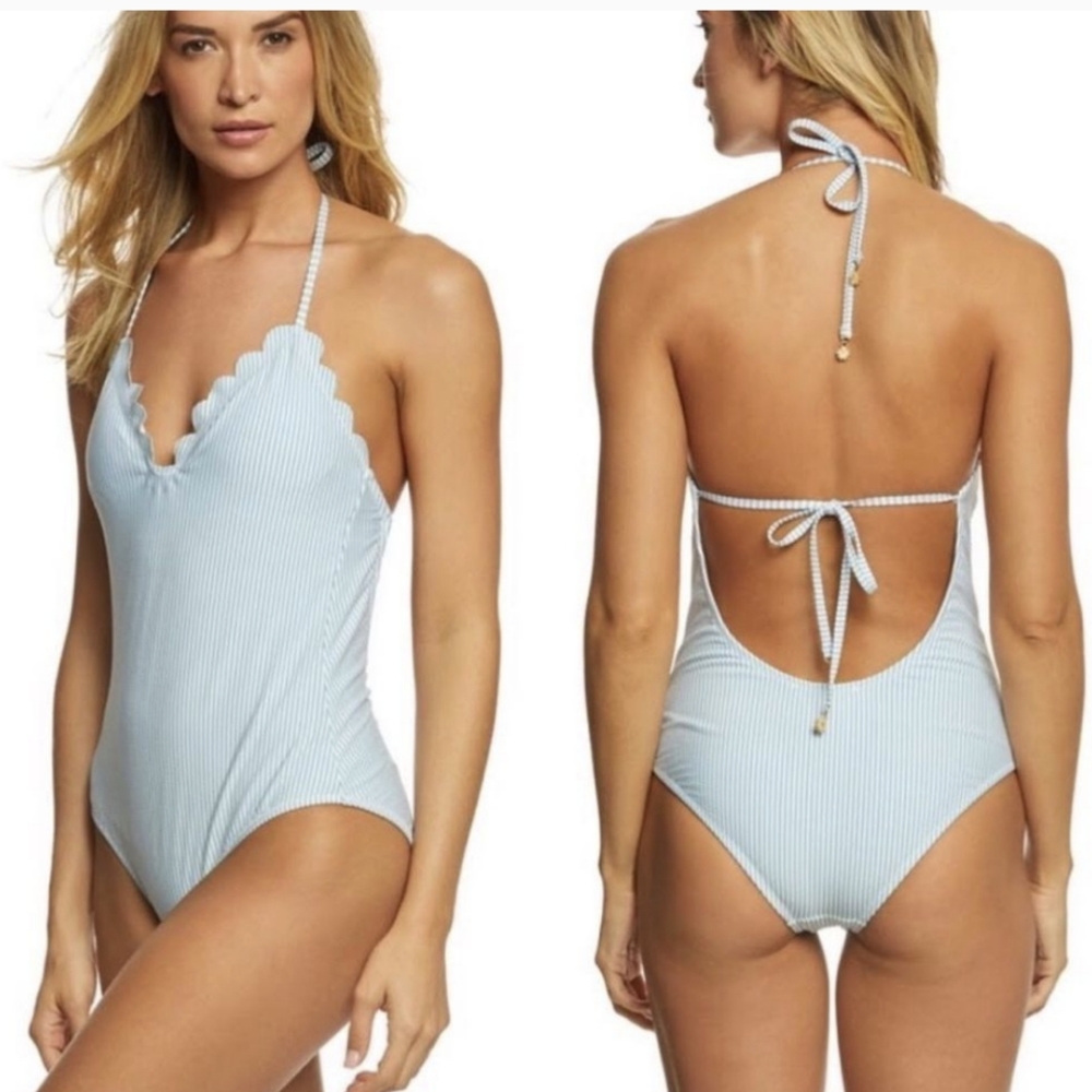 Jessica Simpson one piece swimsuit blue white seersucker striped Small